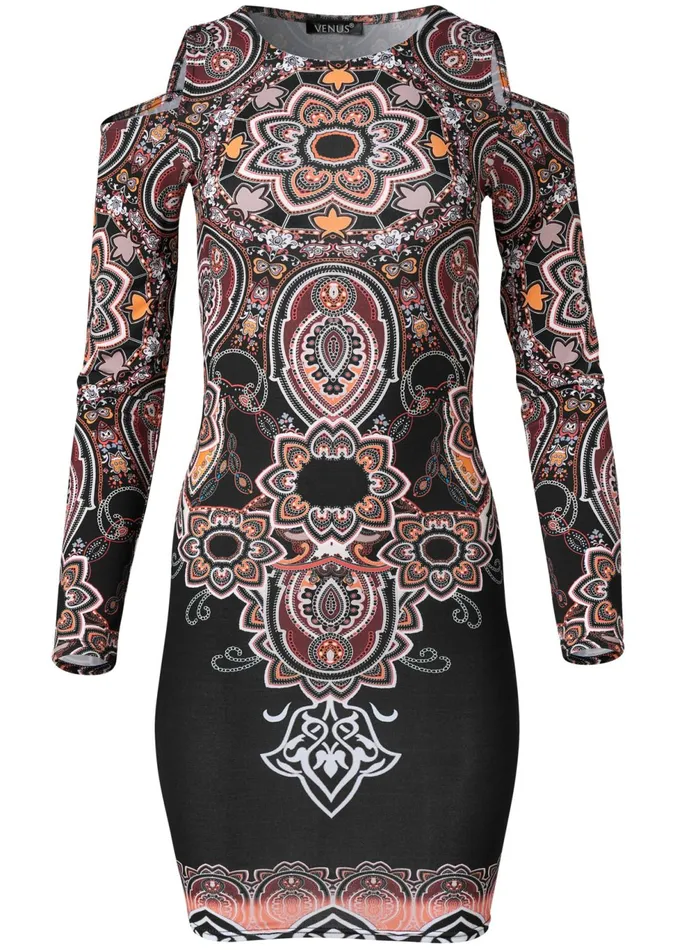 Paisley Coldshoulder Dress Black Multi Women VENUS Midi Dresses