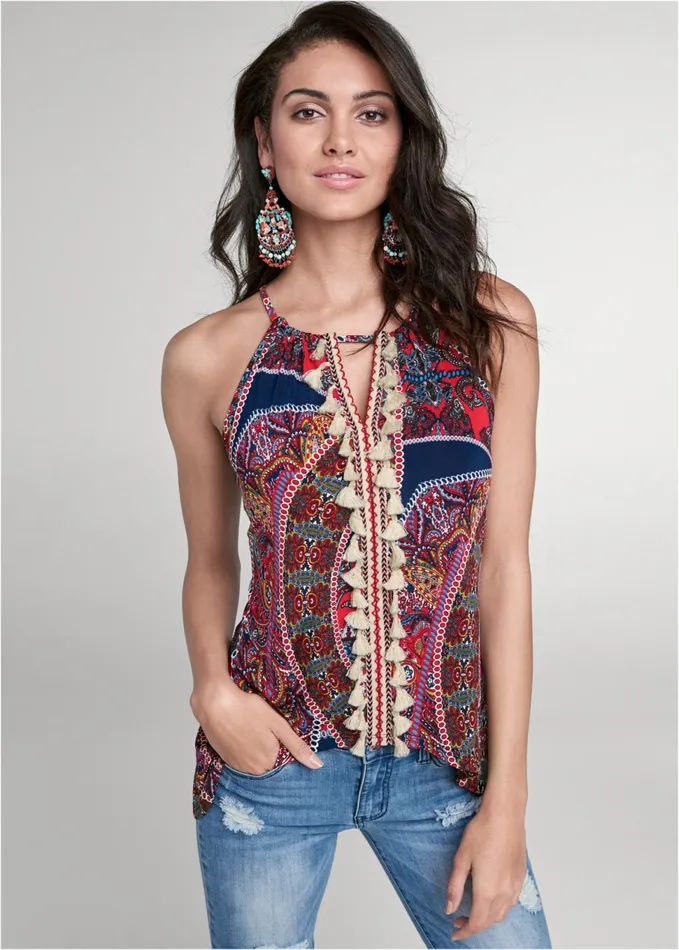 PAISLEY PRINT TASSEL TOP Red Multi Women VENUS Casual Tops