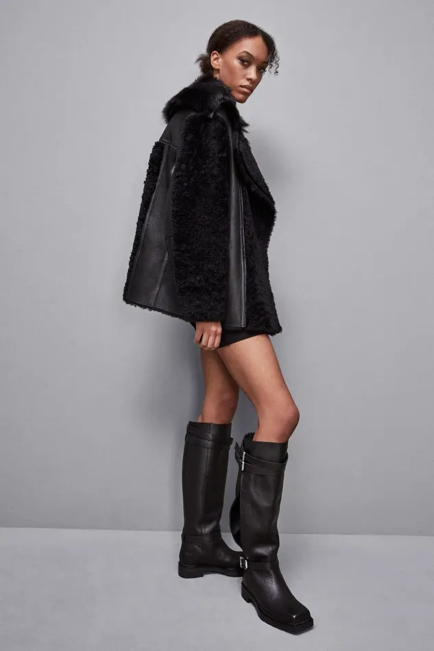 Patrizia Pepe Outerwear Oversized Biker Jacket With Fur Black 8211 Women