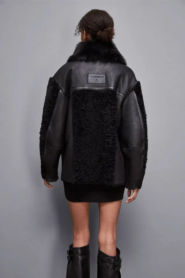 Patrizia Pepe Outerwear Oversized Biker Jacket With Fur Black 8211 Women