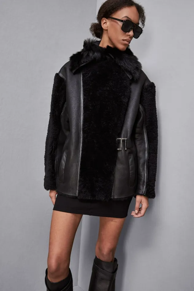 Patrizia Pepe Outerwear Oversized Biker Jacket With Fur Black 8211 Women