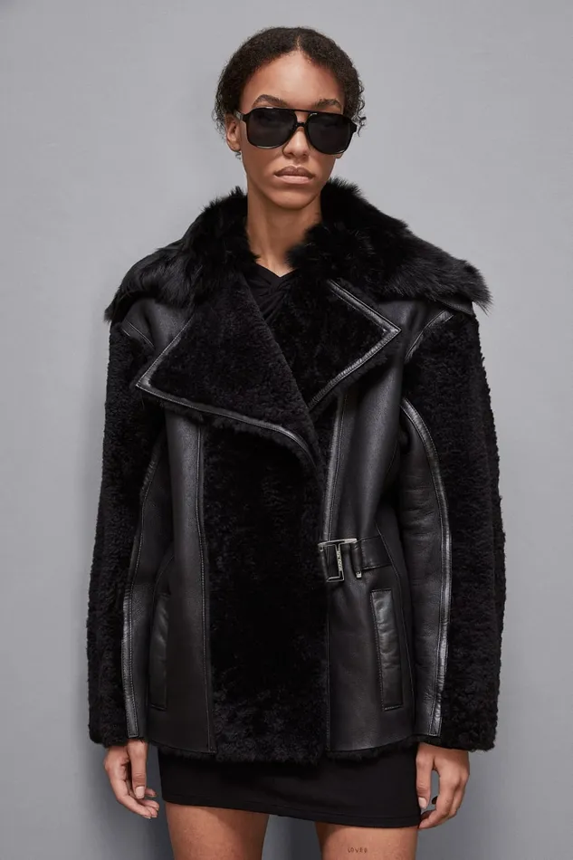 Patrizia Pepe Outerwear Oversized Biker Jacket With Fur Black 8211 Women