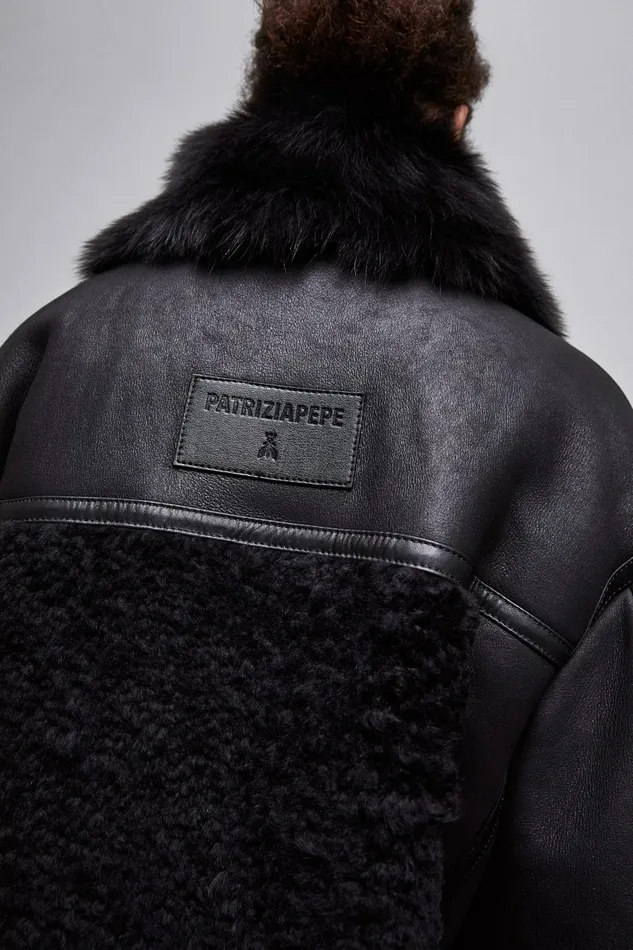 Patrizia Pepe Outerwear Oversized Biker Jacket With Fur Black 8211 Women
