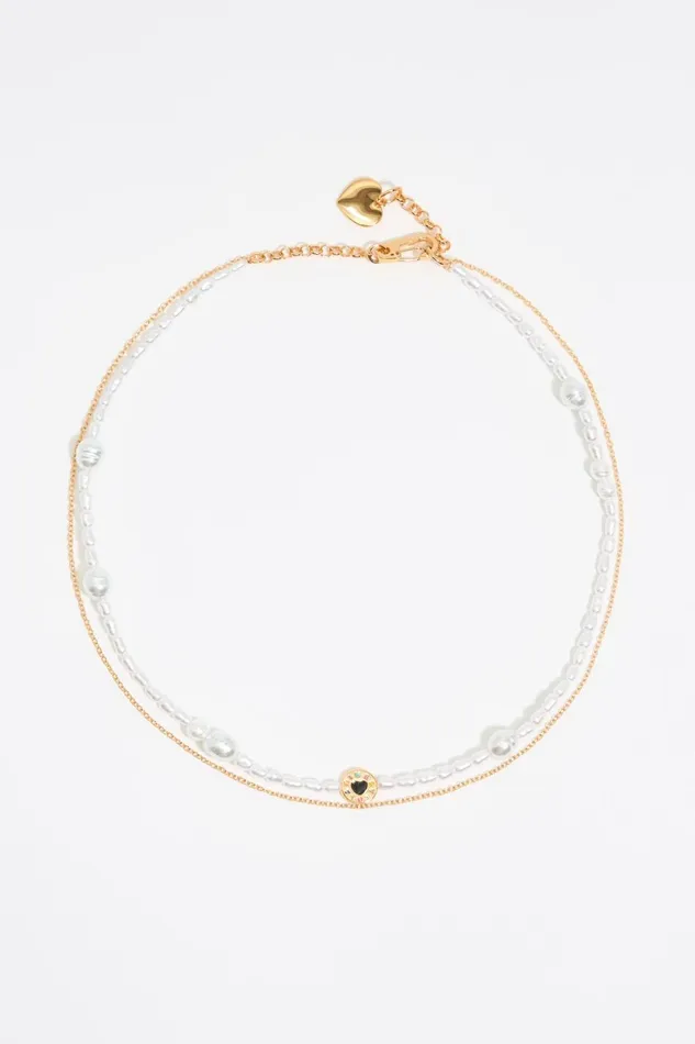Pearl And Heart Logo Double Chain Necklace Gold Women Bimba Y Lola Necklaces