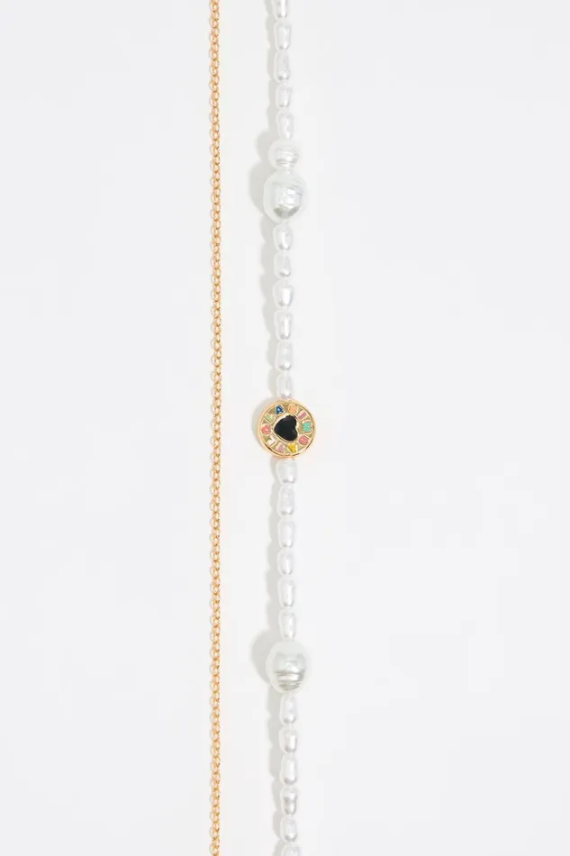 Pearl And Heart Logo Double Chain Necklace Gold Women Bimba Y Lola Necklaces Pearl And Heart Logo Double Chain Necklace Gold Women Bimba Y Lola Necklaces