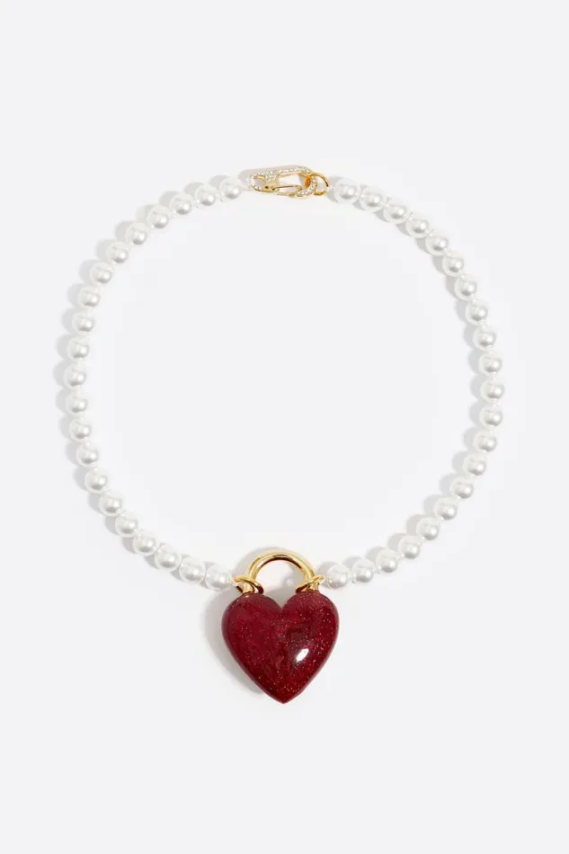 Pearl Necklace With Red Glitter Heart Red Women Bimba Y Lola Jewelry