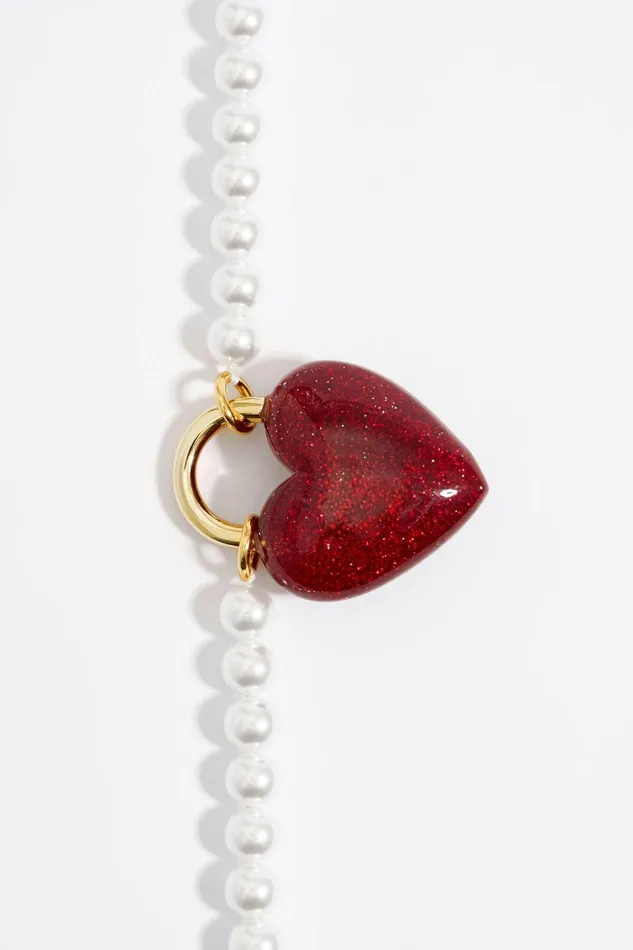 Pearl Necklace With Red Glitter Heart Red Women Bimba Y Lola Jewelry Pearl Necklace With Red Glitter Heart Red Women Bimba Y Lola Jewelry