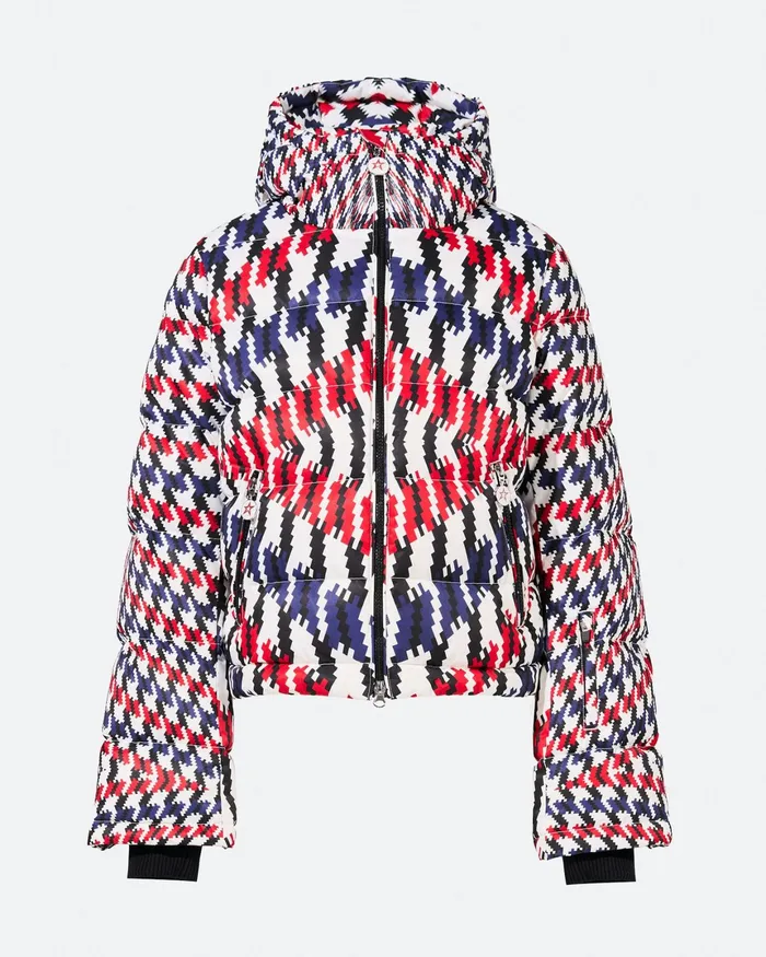 Perfect Moment Twisted Houndstooth Polar Flare Down Jacket Red Twisted Houndstooth Women Jackets