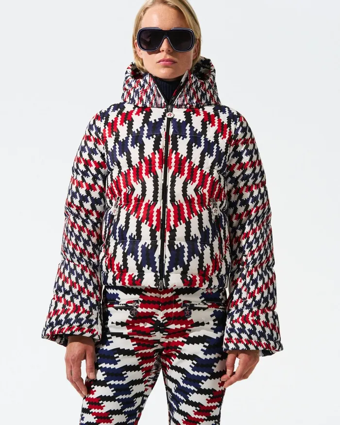 Perfect Moment Twisted Houndstooth Polar Flare Down Jacket Red Twisted Houndstooth Women Jackets