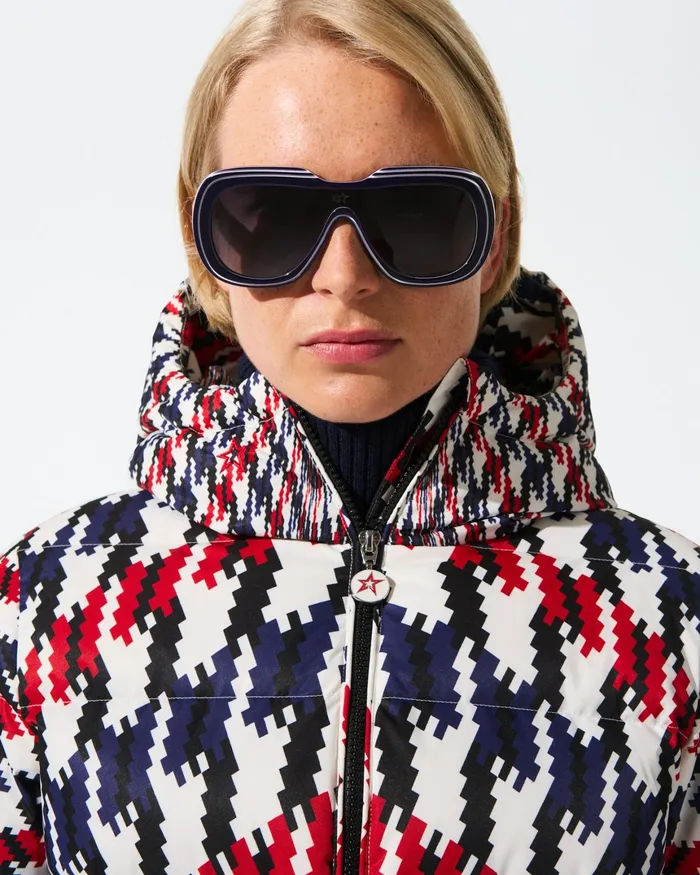 Perfect Moment Twisted Houndstooth Polar Flare Down Jacket Red Twisted Houndstooth Women Jackets