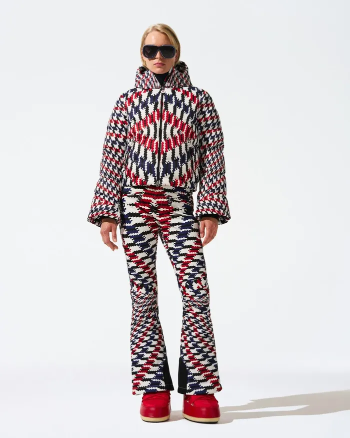 Perfect Moment Twisted Houndstooth Polar Flare Down Jacket Red Twisted Houndstooth Women Jackets