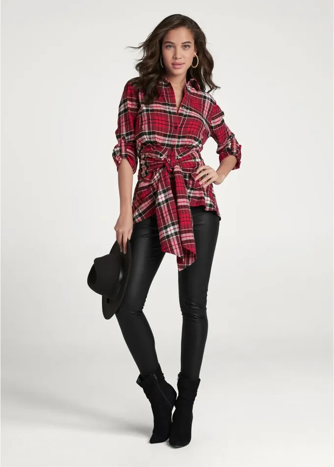 PLAID KNOT TIE TOP Red Multi Women VENUS Casual Tops