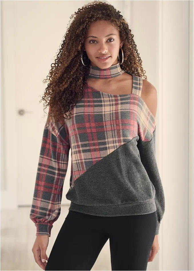 PLAID ONESHOULDER TOP Heather Grey Multi Women VENUS Sweatshirts and Hoodies