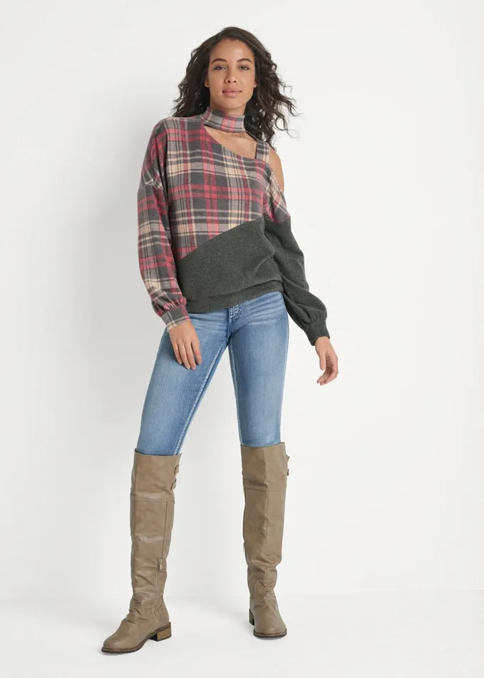 PLAID ONESHOULDER TOP Heather Grey Multi Women VENUS Sweatshirts and Hoodies