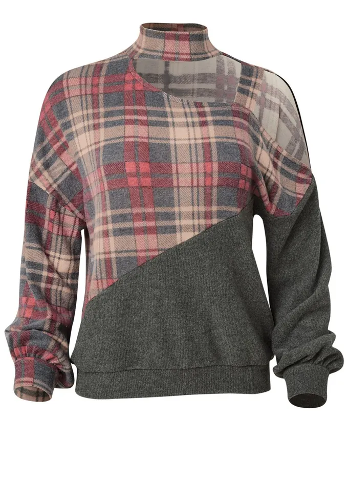 PLAID ONESHOULDER TOP Heather Grey Multi Women VENUS Sweatshirts and Hoodies