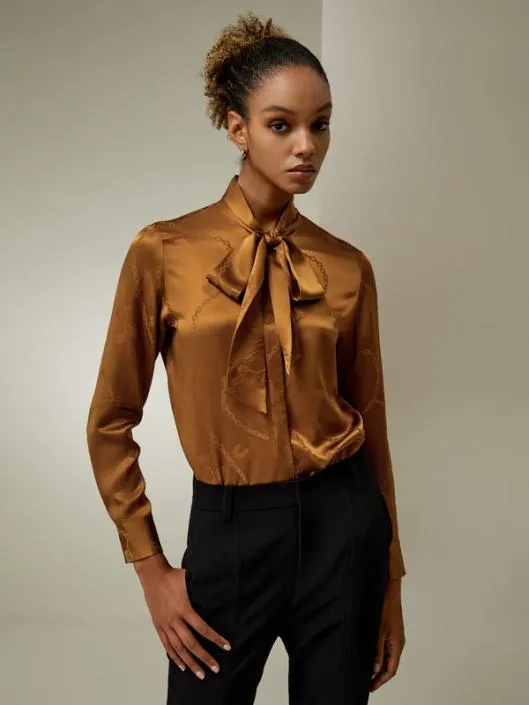 Retro Style Jacquard Wave Silk Blouse With Bow Women Blouses Lilysilk Shirts