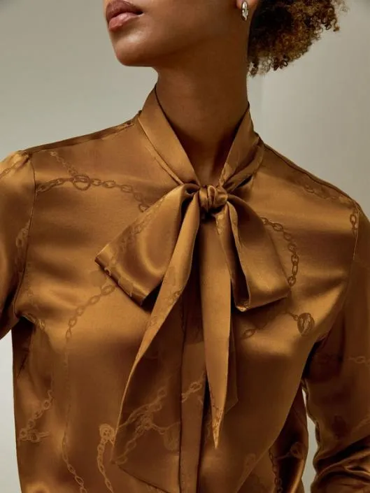 Retro Style Jacquard Wave Silk Blouse With Bow Women Blouses Lilysilk Shirts