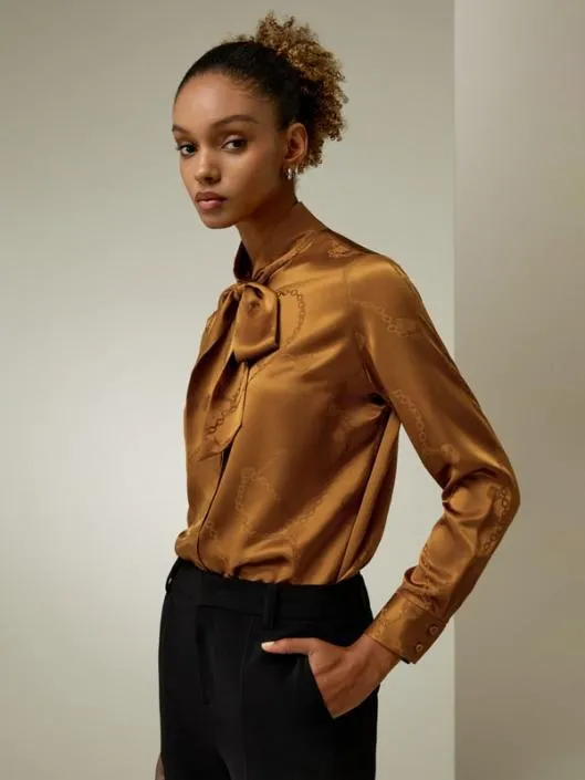 Retro Style Jacquard Wave Silk Blouse With Bow Women Blouses Lilysilk Shirts