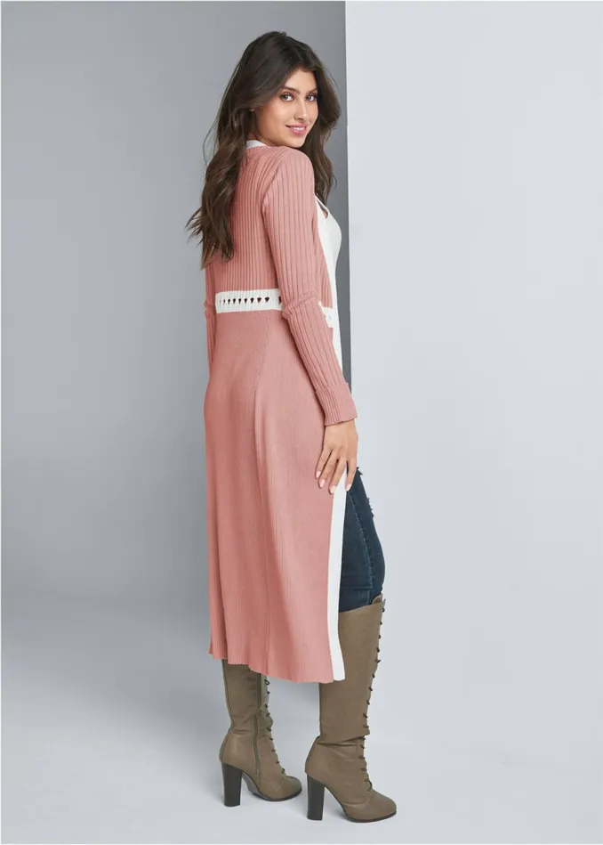RIBBED KNIT DETAIL DUSTER Pink and White Women VENUS Cardigans and Dusters