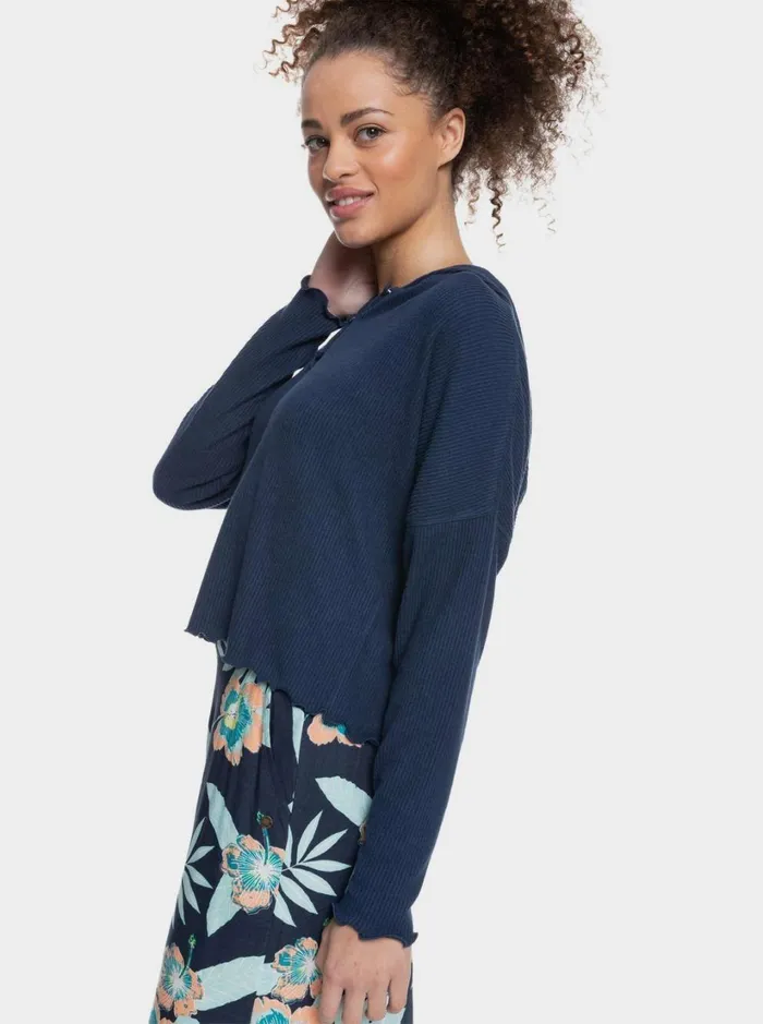 Roxy Fleece and Hoodies Cozy Day Long Sleeve Rib Knit Top Mood Indigo 8211 Women