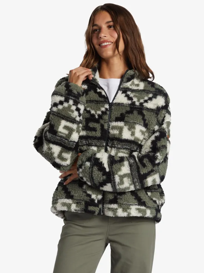 Roxy Jackets Off The Wave Sherpa Printed FullZip Fleece Agave Green Taos Geo 8211 Women