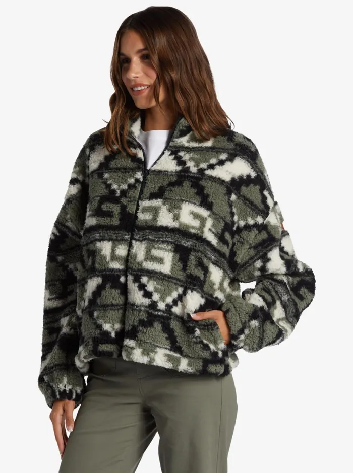 Roxy Jackets Off The Wave Sherpa Printed FullZip Fleece Agave Green Taos Geo 8211 Women
