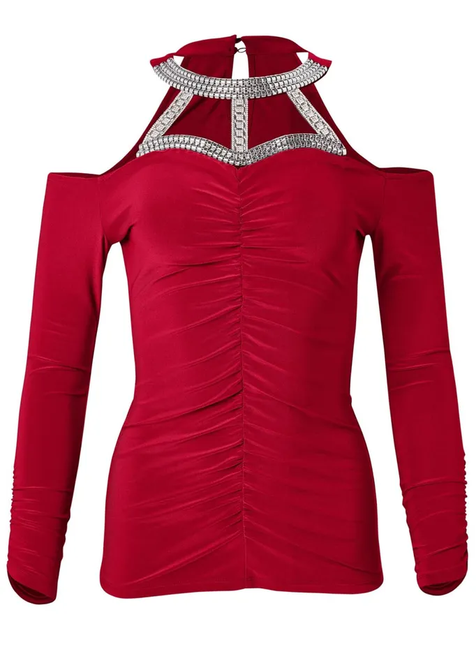RUCHED EMBELLISHED TOP Red Women VENUS Night Out Tops