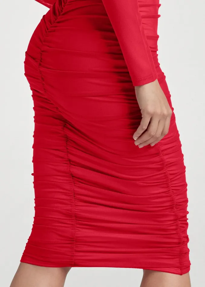 RUCHED MESH BODYCON DRESS Red Women VENUS Midi Dresses