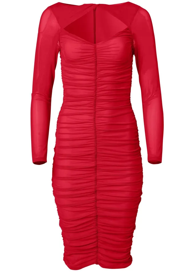 RUCHED MESH BODYCON DRESS Red Women VENUS Midi Dresses
