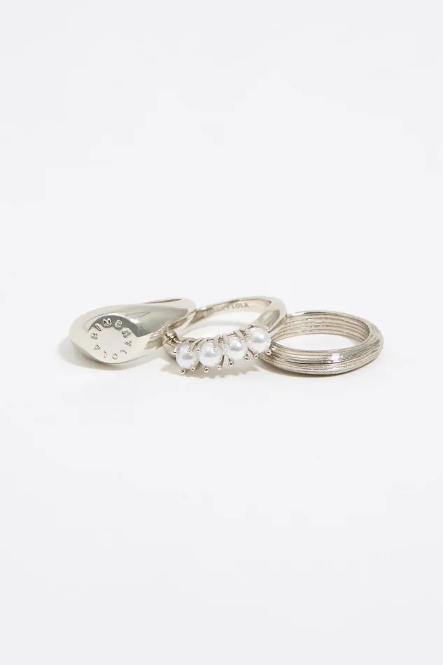 Set Of Three Pearl Silver Rings Antique Silver Women Bimba Y Lola Jewelry Set Of Three Pearl Silver Rings Antique Silver Women Bimba Y Lola Jewelry