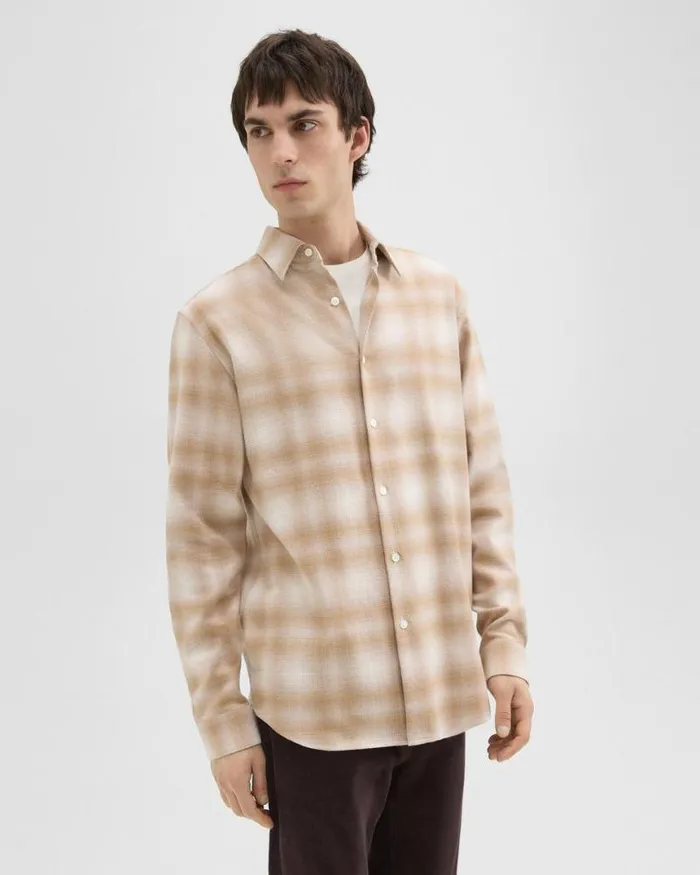 Shirts Men Theory Irving Shirt In Plaid Cotton Flannel Natural Melange