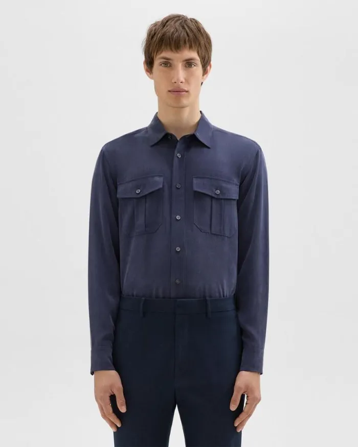Shirts Men Theory Military Shirt In Fluid Twill Baltic