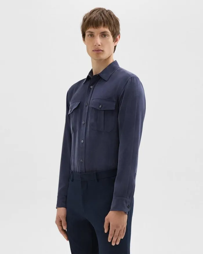 Shirts Men Theory Military Shirt In Fluid Twill Baltic Shirts Men Theory Military Shirt In Fluid Twill Baltic