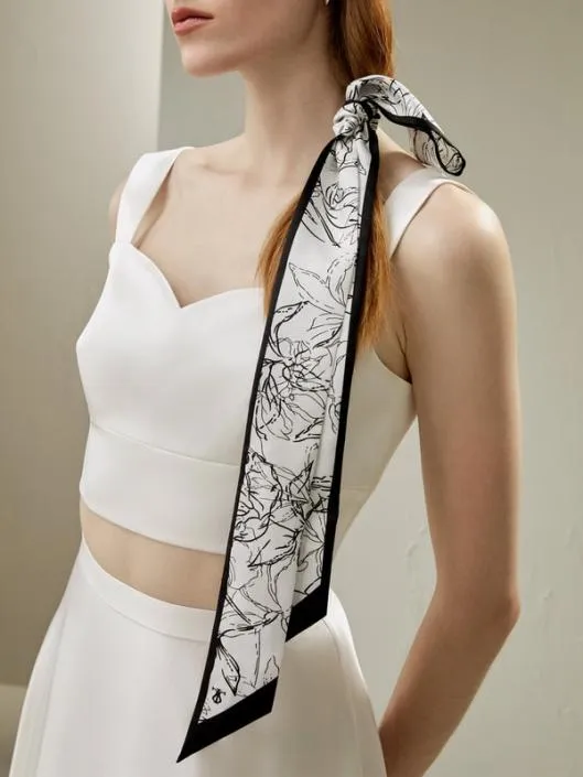 Silk Ribbon Scarf With Black White Floral Print MustHave Pieces Women Wraps Lilysilk Scarves