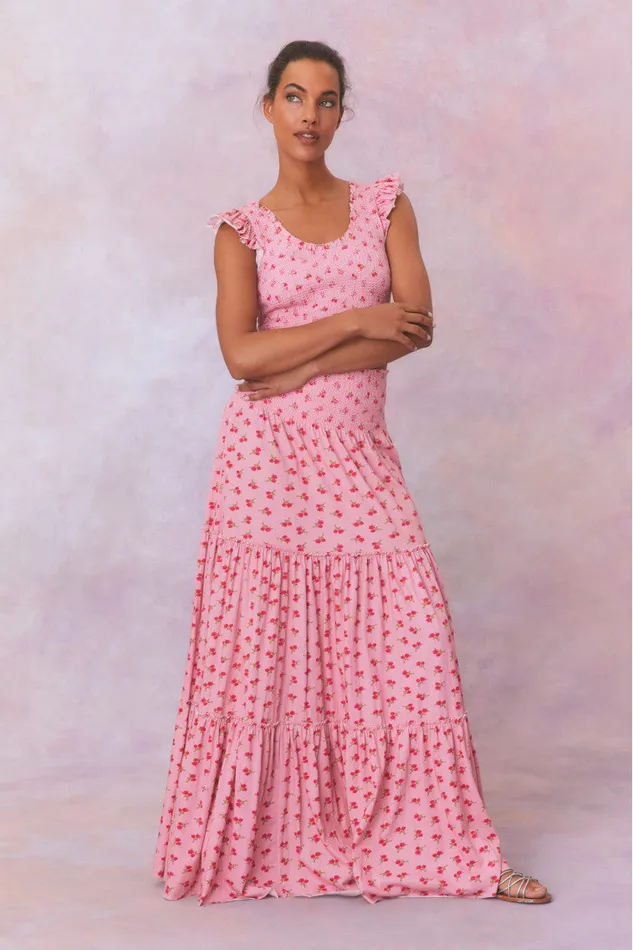 Skirts WomenKids LoveShackFancy Phia Floral Printed Smocked Maxi Skirt Cherry Pink