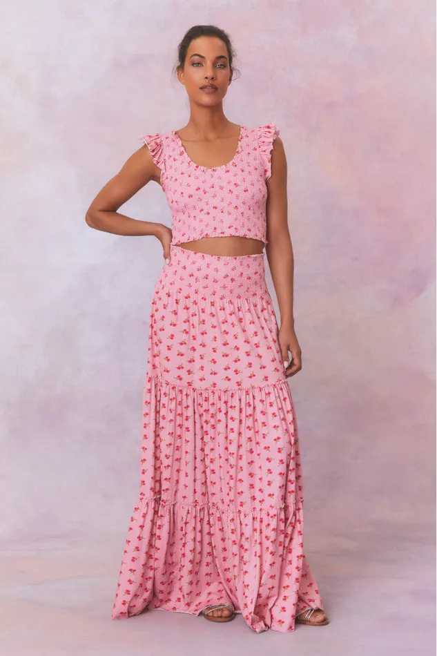 Skirts WomenKids LoveShackFancy Phia Floral Printed Smocked Maxi Skirt Cherry Pink