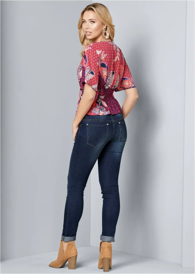 SMOCKED SURPLICE PRINT TOP Red Multi Women VENUS Casual Tops