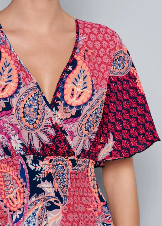SMOCKED SURPLICE PRINT TOP Red Multi Women VENUS Casual Tops
