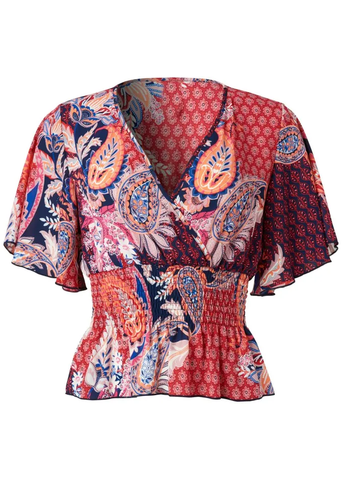 SMOCKED SURPLICE PRINT TOP Red Multi Women VENUS Casual Tops