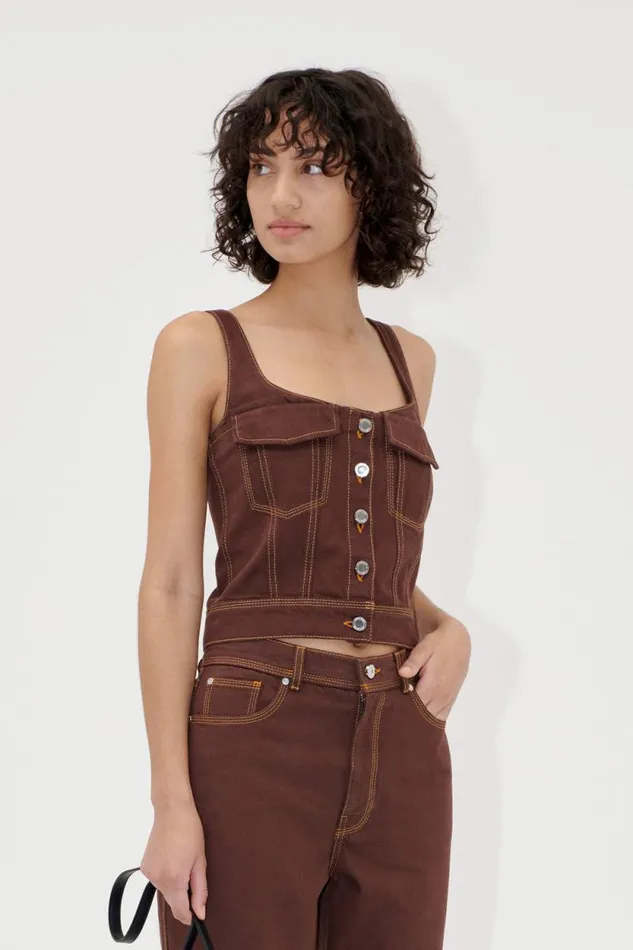 Stine Goya Denim Cropped Denim Bustier 8211 Chicory Coffee 8211 Women
