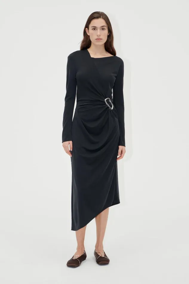 Stine Goya Dresses Long Sleeve Midi Dress With Fixed Buckle 8211 Jet Black 8211 Women