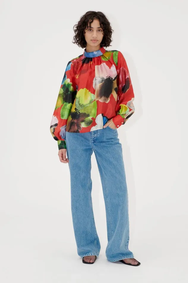 Stine Goya Tops and Shirts Gathered Long Sleeve Top 8211 Bloom In Red 8211 Women Stine Goya Tops and Shirts Gathered Long Sleeve Top 8211 Bloom In Red 8211 Women