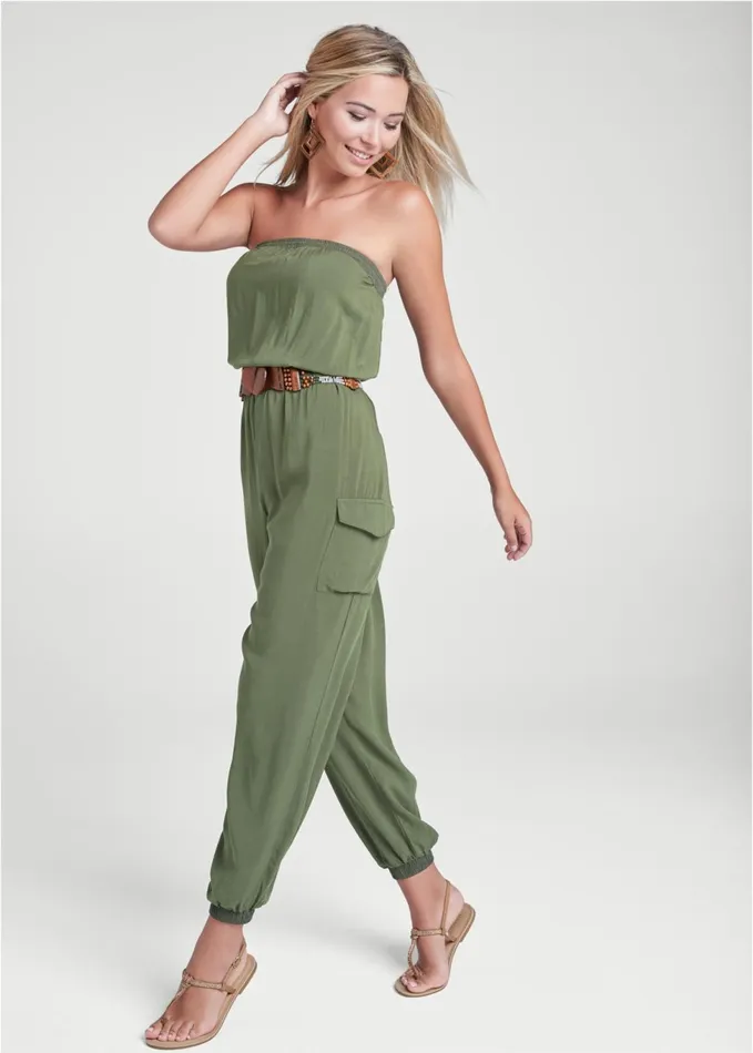 STRAPLESS UTILITY JUMPSUIT Olive Women VENUS Casual Jumpsuits and Rompers