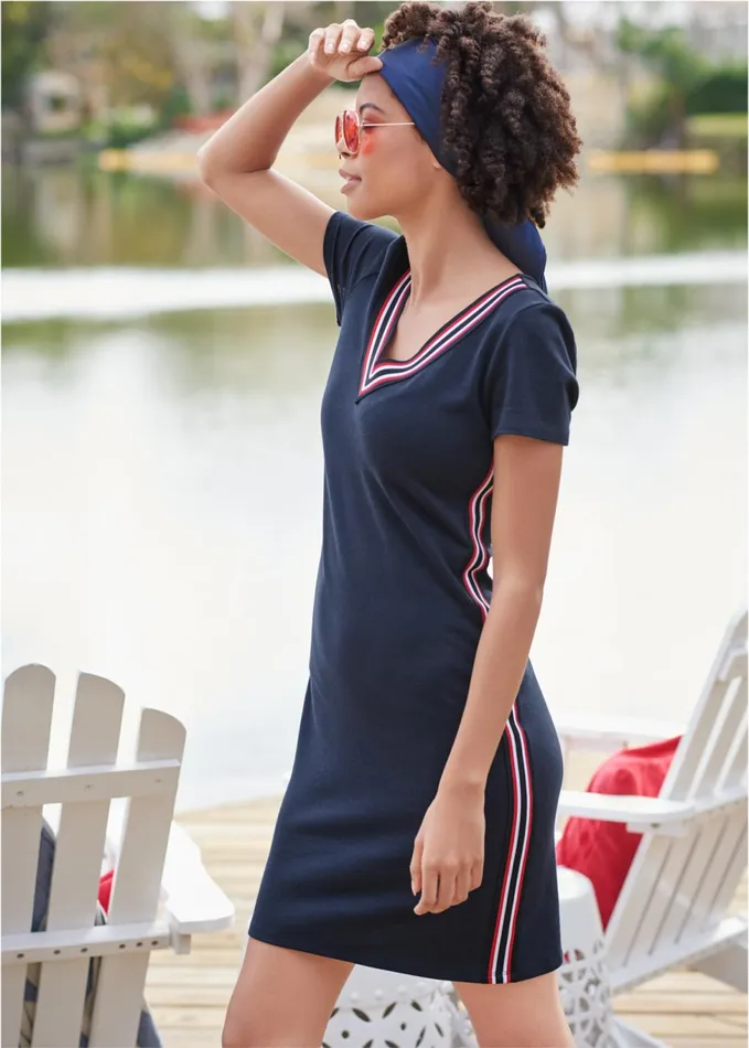 STRIPED TRIM LOUNGE DRESS Navy Women VENUS Dresses