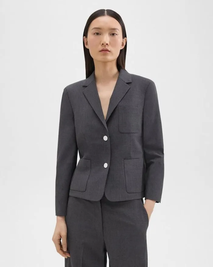 Suits Women Theory Boxy Patch Pocket Blazer In Good Wool Charcoal Melange