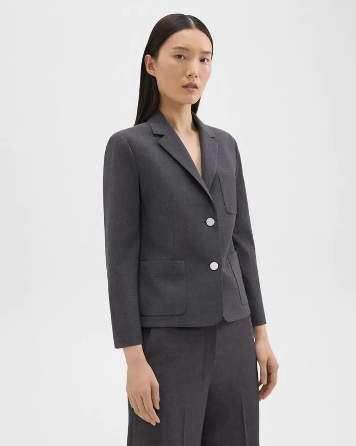 Suits Women Theory Boxy Patch Pocket Blazer In Good Wool Charcoal Melange