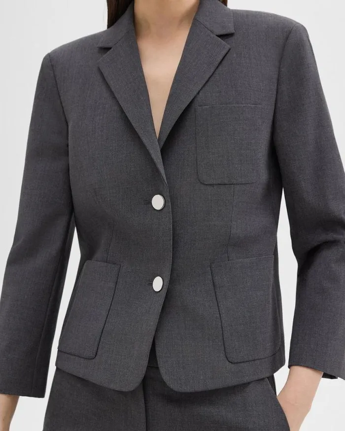 Suits Women Theory Boxy Patch Pocket Blazer In Good Wool Charcoal Melange