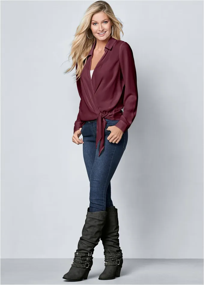 SURPLICE SIDE TIE BLOUSE Wine Women VENUS Night Out Tops