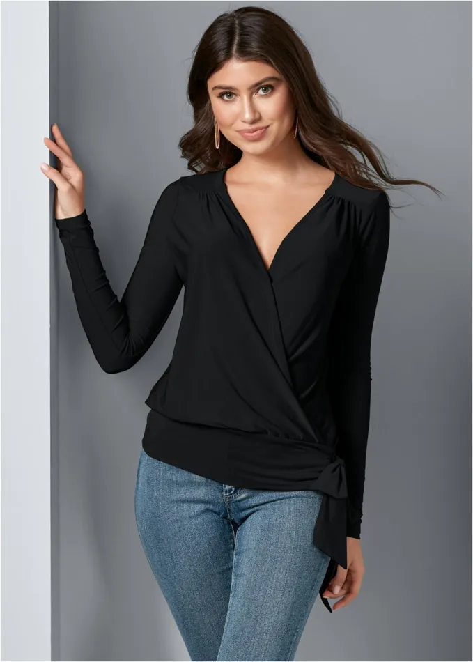 SURPLICE SIDE TIE TOP Black Women VENUS Night Out Tops