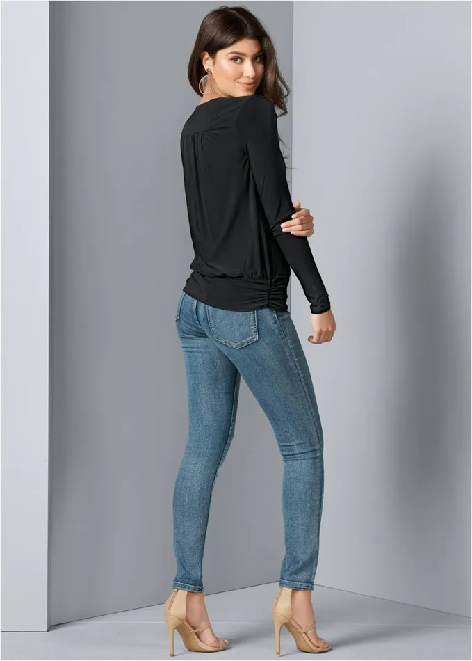 SURPLICE SIDE TIE TOP Black Women VENUS Night Out Tops